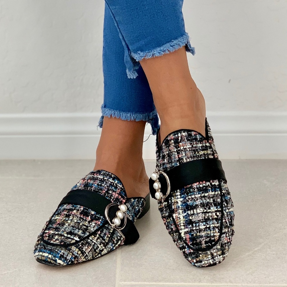 Tweed Pearl Buckle Closed Toe Flat Mule Slides - Picture 5 of 5